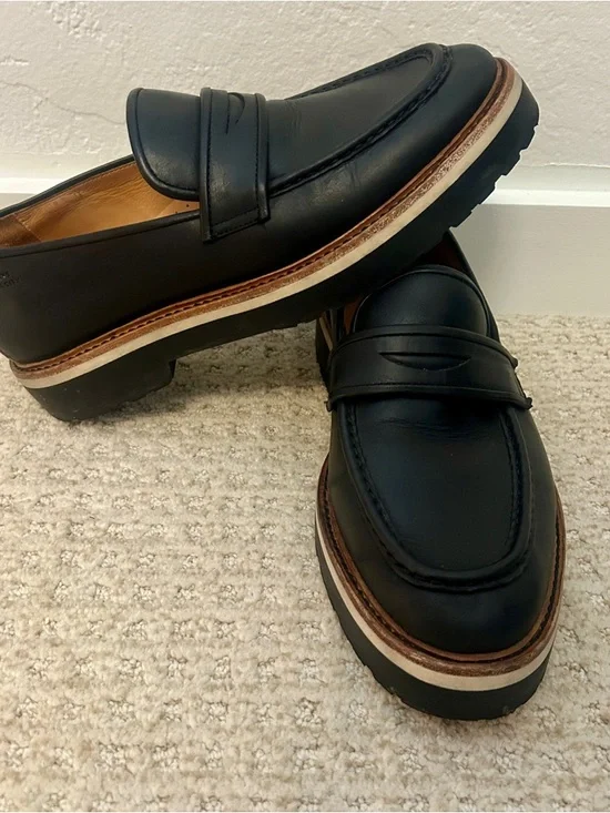 Saturdays New York City Idris Black Leather Penny Loafers with Contrast Midsole - Picture 2 of 7